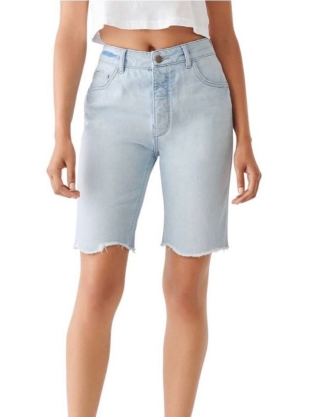 DL1961 Clara Bermuda Pale Blue Denim Women Frayed Hem Shorts 26